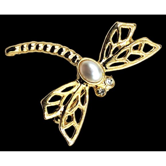 Vintage Dragonfly Brooch With Faux Pearl Clear Rhinestones Crystals Figural Pin - Picture 2 of 8